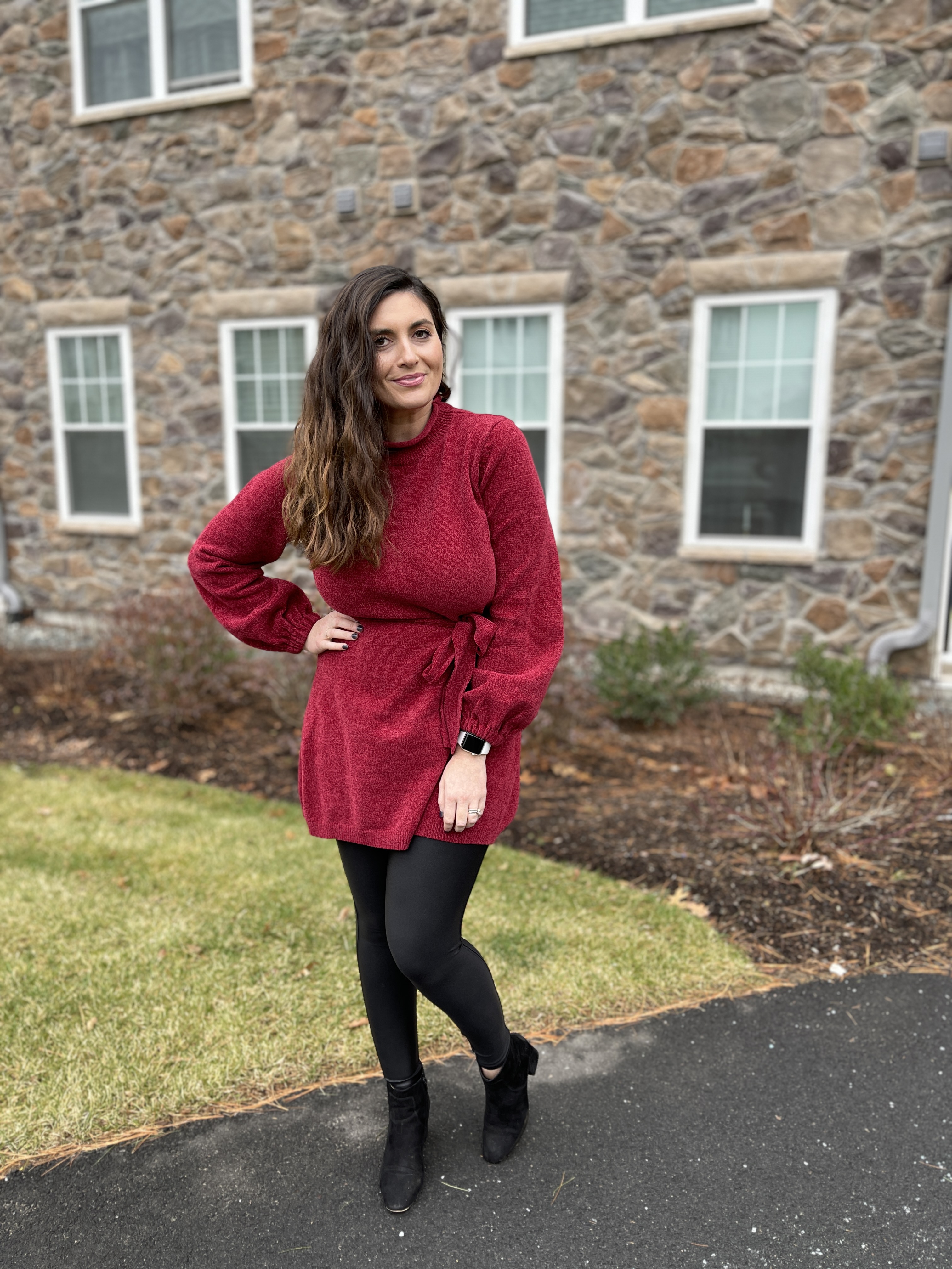 Fashioned For Living: leggings and cowboy boots outfit with shirt dress and sweater  cardigan